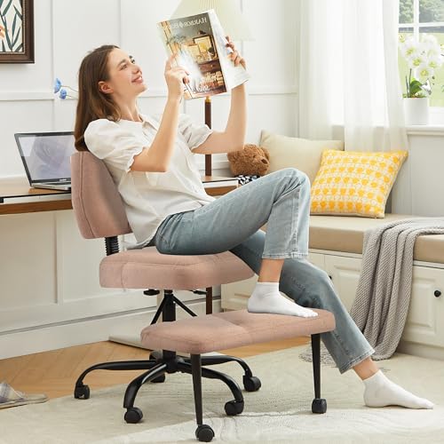 Image of Ergonomic Criss Cross Legged Office Chair, ADHD Chair, 360 Swivel Meditation Kneeling Chair with Wheels, Adjustable Footrest, Bigger & Wider Height Adjustable Seat, Strong Lumbar Support, Browncloth
