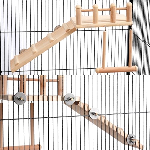 Image of FrgKbTm Wooden Parrot Bird Perch Platform with Climbing Ladder,Parrot Play Stand Bird Swing Bridge Chewing Toys for Parakeet Cockatiel Conure Lovebirds (Bird Swing Set 2)