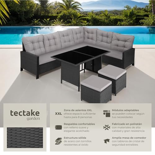 tectake® Conjunto Jardín de Ratán con Mesa y Cojines, Conjunto Terraza Resistente a la Intemperie y Combinable, Muebles Jardín Exterior 5 Piezas, Sofá de Esquina, 2 Taburetes y 1 Mesa, Acero - Negro - imagen 2