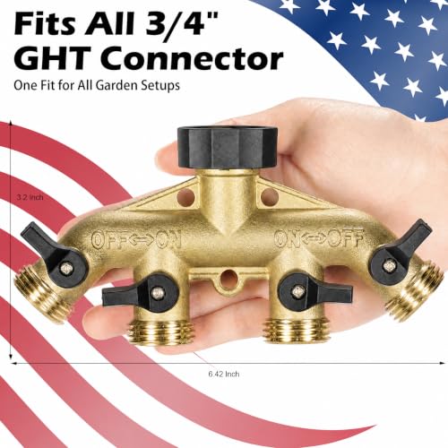Image of SheeChung 4 Way Hose Splitter, Heavy Duty Brass Garden Hose Splitter Manifold, 3 /4 inch Multi Water Hose Connector Adapter, Outdoor Faucet Spigot Splitter with 4 Shut-Off Valves