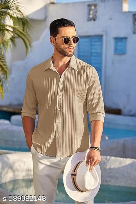 Image of Men's Textured Striped Casual Shirt, Beige, Long Sleeve, Button-Down, Relaxed Fit, Size - M