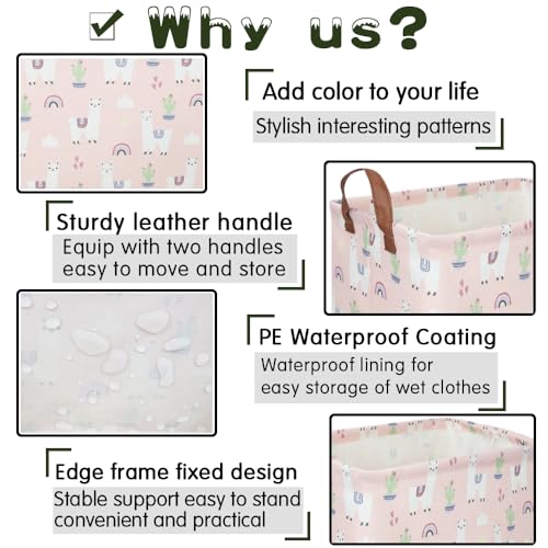 Image of FXOLCSHE Rectangular Pink Alpaca Basket,Collapsible waterproof nursery laundry basket,Toy nursery, kids clothes gift basket with handles,Kids Room Decor(Alpaca)