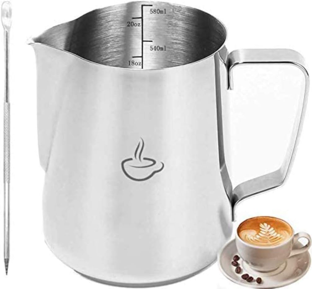 Milk Frother Pitcher - Stainless Steel Measurements On Side Milk Pitcher With Latt Art Pen (20oz)