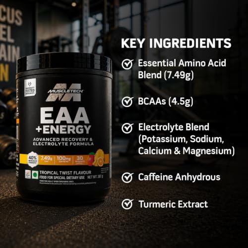 Image of MuscleTech Eaa + Energy | Essential Amino Acids + 100Mg Caffeine | Replenish Electrolytes | Ultimate Recovery 7.4 grams Eaa | 4.5 grams Bcaa | 3 grams Leucine | 30 Servings | Tropical Twist