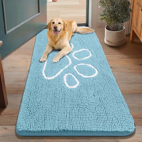 Image of Smiry Dog Door Mat for Muddy Paws, Absorbent Dirt Trapper Non Slip Quick Dry Washable Chenille Mat for Mud Dogs, Entry Rug for Indoor and Outdoor (48x30 Inches, Sky Blue and White)