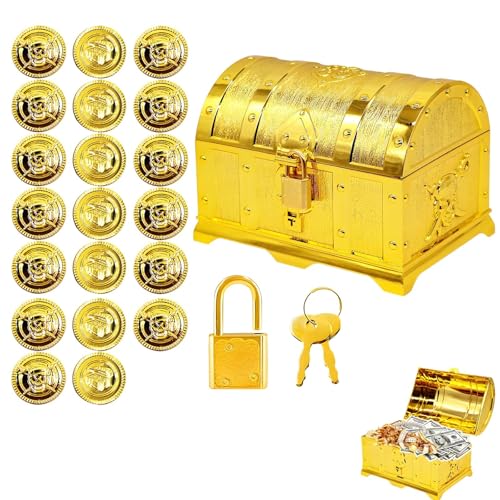 Schatzkiste Kindergeburtstag, Schatztruhe Kindergeburtstag, Schatztruhe Kinder, Schatzkiste Kinder Piraten Deko Set enthält eine goldene Schatztruhe (14x9.7x9.5cm) 20 goldene Münzen ein Schloss