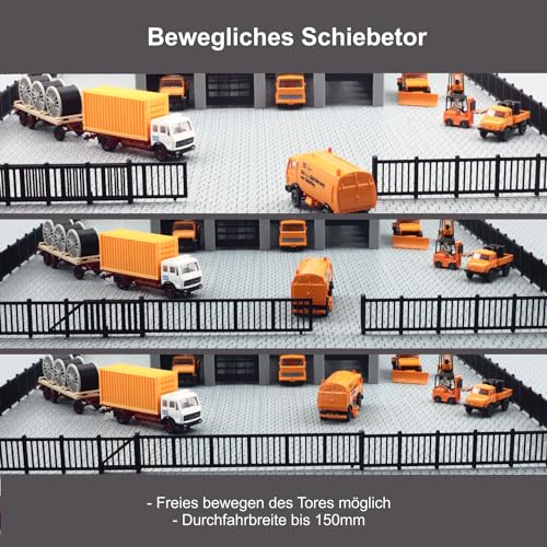 Overdrive-Racing 180cm Spur H0 Fabrikzaun - Schwarz Grau - mit beweglichem Schiebetor - Bausatz 1:87 - Industriezaun Metallzaun, Zaunfarbe:Schwarz
