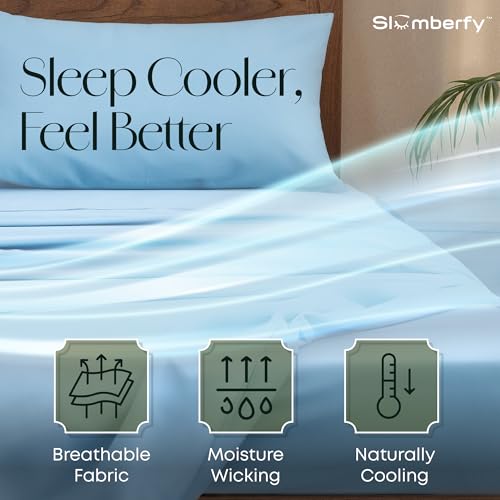 Image of Slumberfy 3-Piece 400 TC Viscose Derived from Bamboo Sheets, Twin Size - 1 Fitted, 1 Flat, 1 Pillow Case - Deep Pocket Cooling Viscose-Bamboo Bed Sheets in Magnetic Closure Gift Box, Light Blue