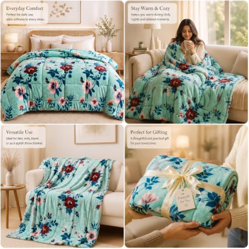 Image of SANMARINO Luxury Flannel Quilted Comforter for Double Bed | Ultra Soft Plush Razai with Modern Floral Design | Fuffly, Cozy All Season Blanket for Mild & Heavy Winter |220x230 cm,Aqua Blue & Teal