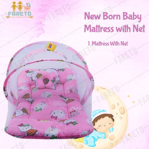 Image of Fareto Baby Folding Teddy Print Mattress with Mosquito Net(0-6 Months) (Pink)(Size: L-34Inchs, B-22Inchs)
