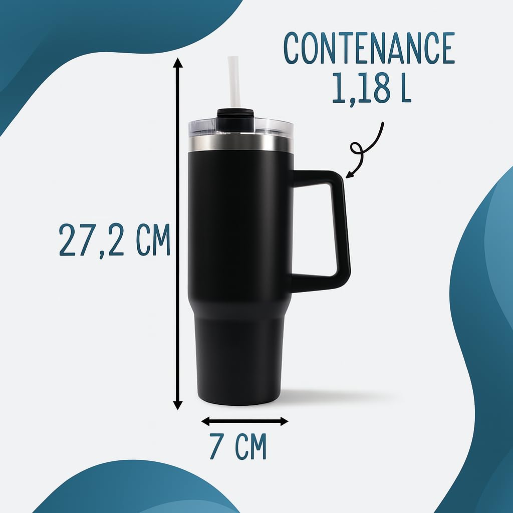 Planetee Mug Isotherme 1,2L - Je peux pas petite bière Noir – Bouteille avec Anse, Paille et Couvercle – Idée Cadeau Gourde Personnalisée