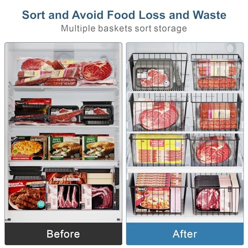 Image of iSPECLE Freezer Organizer Bins - 6 Pack Stand Up Freezer Organizers for 16 Cu.Ft Upright Freezer, Storage Baskets for Meat & Veggies, Prevents Items Falling, Slide-Out Access, 3 Large 3 Medium, Black | Wire Baskets 3 Large & 3 Medium Sizes, Slide-Out for Easy Access, Prevent Food Falling Out, Keep Stand-Up Freezer Organized