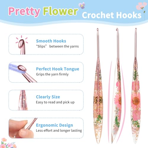 Image of Coopay Crochet Hooks, 3.5mm Ergonomic Crochet Hook with Floral Resin Grips, Stylish and Unique, Ideal for Crocheting Blankets, Dolls, Shawls, Hats, Scarves (E-3.5mm)