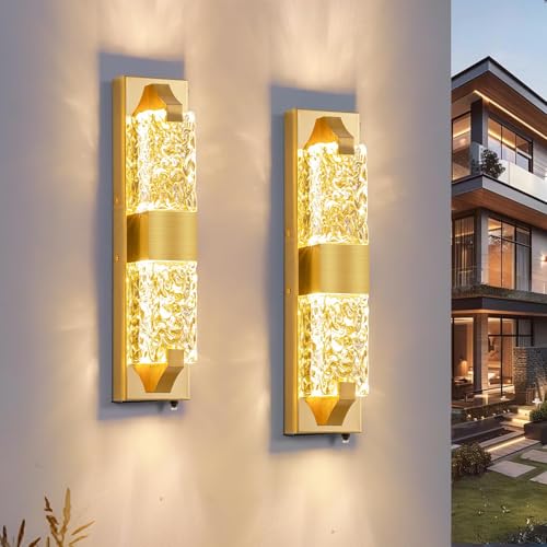 Image of 18.5 inch Gold Outdoor Wall Light Fixtures,12W Dusk to Dawn LED 2-Pack | IP65 Waterproof, Ripple Crystal, Hardwired Modern Exterior Sconce, Auto On /Off, for Porch Patio Hallway Entryway House