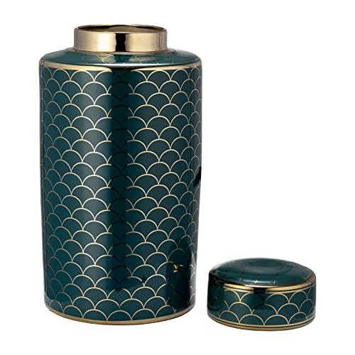 Sagebrook Home 16" Jar With Lid - Modern Ceramic Dark Green And Gold Crackle Design Stoneware - Decorative Jar For Home Or Office Accent #TOP1
