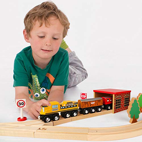 Sainsmart Jr. Wooden Train Set Toy With Rail High Level Part, 50 Pcs Flyover Overpass Wooden Train Playset With 5 Magnetic Train Cars For Toddlers , Yellow #TOP6