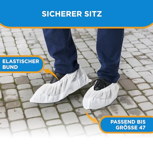 ISC Hygiene & Safety Schuhüberzieher Einweg Mehrweg – Überschuhe wasserdicht und rutschfest – Überzieher Schuhe – 9g extra stark, Einheitsgröße bis 47 – blau-weiß, 50 Stück
