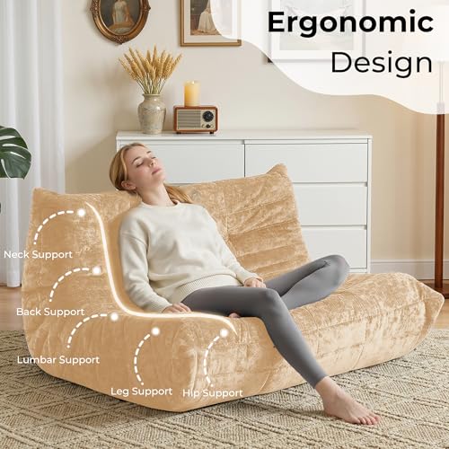 Image of HABUTWAY Giant Bean Bag Chairs Loveseat for Adults,2 Seater,Khaki | Loveseat Fireside Chair, Memory Foam Lazy Bean Bag Couch for Living Room, Bedroom, Dorm, Office