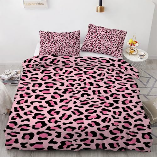 Housse de couette 90x190 imprimé léopard rose et 2 taies d'oreiller douces anti-glisse Kg806