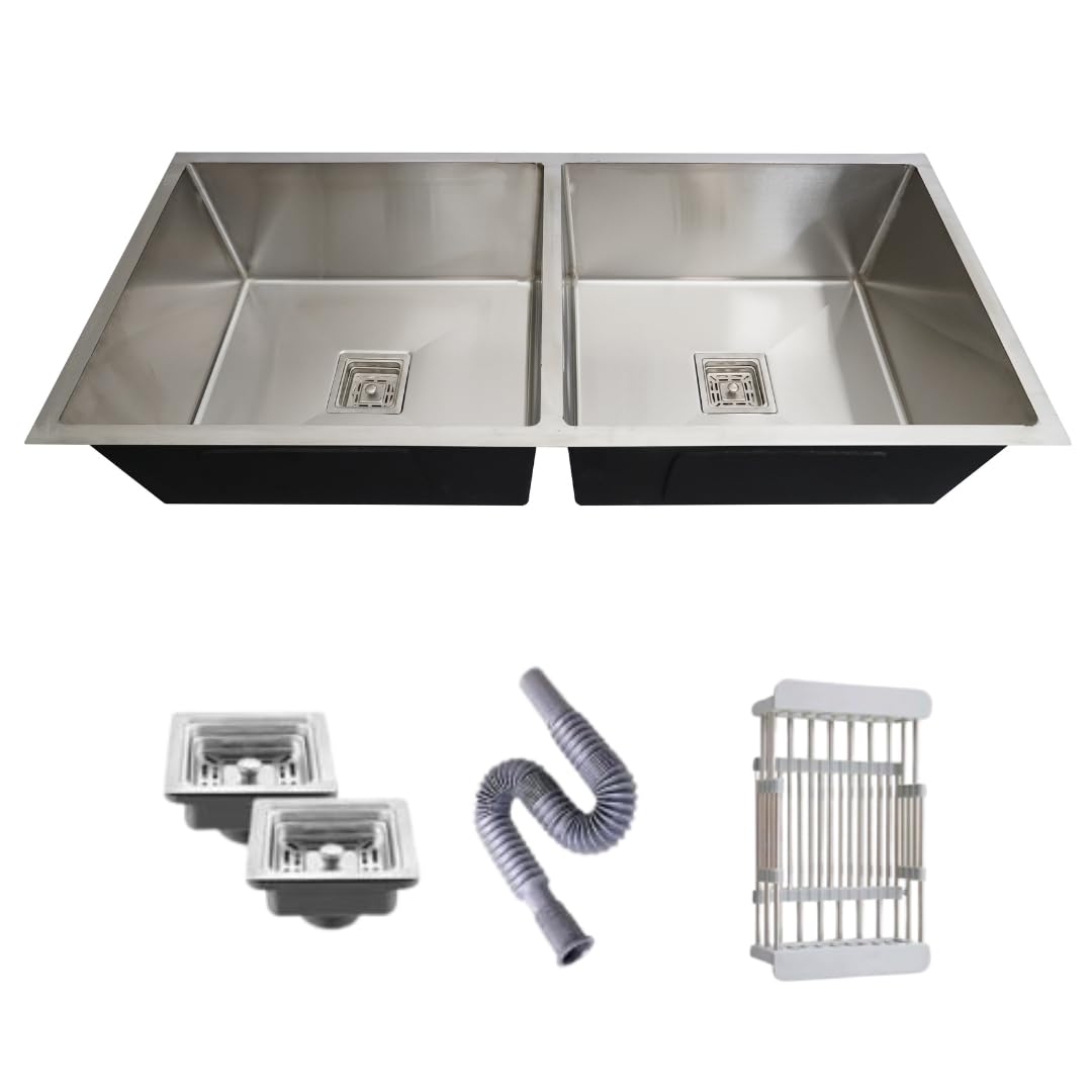 Bowls & More | Handmade Kitchen Sink With Vegetable Wash Basket | 45” x 20" x 10" Matt Finish | Double Bowl | Heavy duty Stainless Steel Sink | Vessel Sink (SILVER) (B0CW6L3TDR) Amazon Price History, Amazon Price Tracker