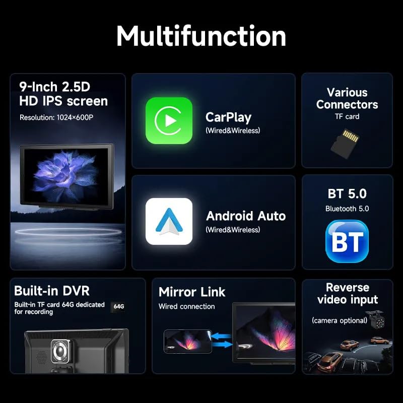 Portable Newest Wireless Apple CarPlay and Android Auto Screen for Car, 9