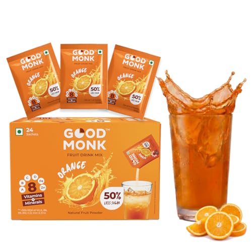 Image of Good Monk Fruit Drink Mix (Natural Orange Powder), 50% Less Sugar with 8 Vitamins & Minerals (Vitamin B12, C, D, Iron & more) | Tasty, Healthy & Tangy Drink Mix for Hydration, Energy, Immunity, 24 Sachets