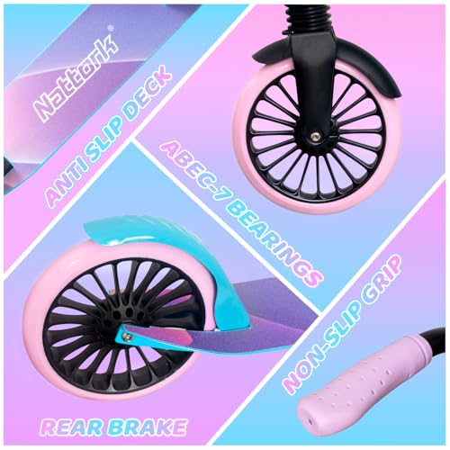 Image of Nattork Kick Scooter for Age 6+ Kids Teens Adults, Max Load 240 LBS, Adjustable Height Foldable with 8 inch Large Wheels, Anti-Shock Suspension