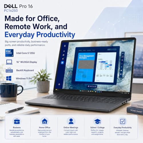 Image of Dell Pro 16 PC16250 Business Laptop, Intel Core 5 120U, 16 inch WUXGA IPS Anti-Glare Display, 16GB DDR5 RAM, 512GB PCIe NVMe SSD, Backlit Keyboard, Thunderbolt 4, RJ-45, Windows 11 Pro