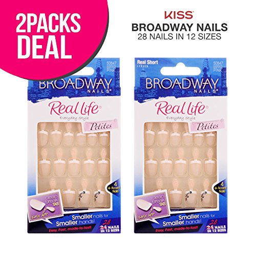 2 PACK !! Broadway Real Life Petites Real Short Length 28 Nails 12 Sizes (50847-BSFP02 Pink), Free Glue, Premium False Nails, Fashion Fake Nails