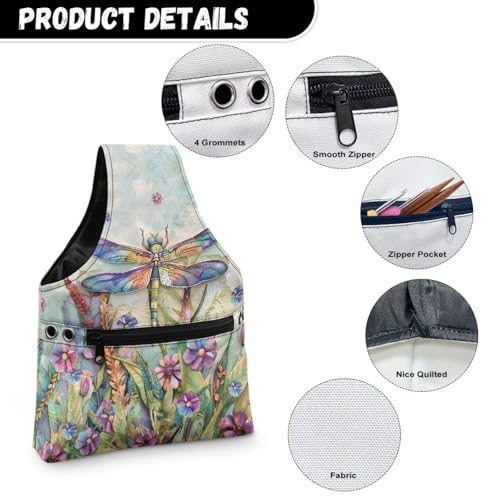 Image of KUIFORTI Dragonfly Crochet Bag Small Yarn Bags for Crocheting on The Go, Flower Crochet Hook Organizer Knitting Bags Canvas Crochet Bags and Totes