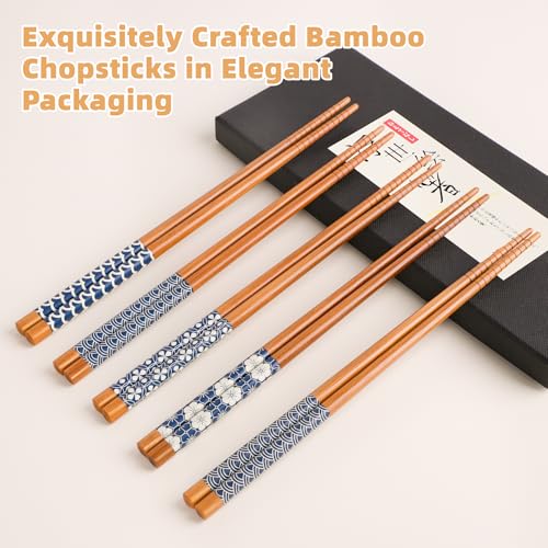 Image of Antner 5 Pairs Natural Bamboo Chopsticks Reusable Classic Japanese Style Chop Sticks Gift Sets, Dishwasher Safe, 8.8 Inch /22.5cm