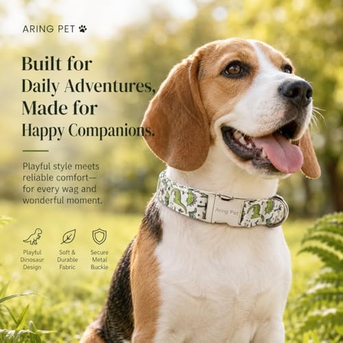 Image of ARING PET Boy Dog Collar for Puppy Small Medium Large Dogs-Green Dinosaur M | Cute Dino Heavy Duty Pet Collars with Metal Buckle for XS S M L XL Dogs, for Daily Walk Camping Trip Outings Photoshoots