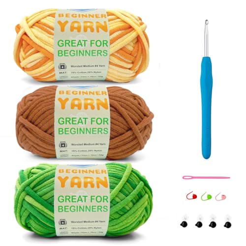 Image of 3 * 50g /1.76oz Yarn for Crocheting and Knitting, 3 * 60yds Beginner Yarn with Easy-to-See Stitches; Worsted-Weight Medium #4;Amigurumi-Friendly Crochet Kit(Water Melon+Coffee+Sunflower)