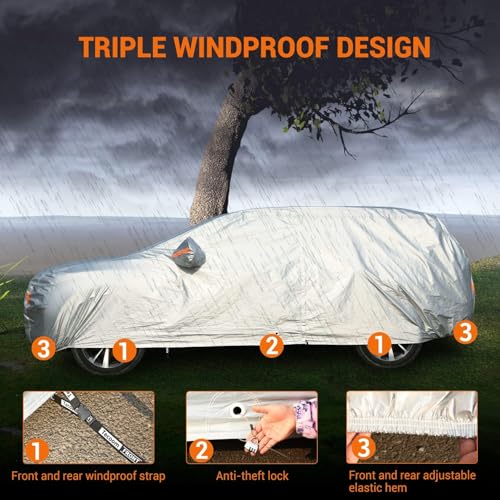 Image of Tecoom SUV Car Cover Waterproof All Weather, 3-Layer Fleece Lined Outdoor Indoor Cover with Zipper Door & Lock, UV Snow Hail Sun Protection, Fit for SUV (206 inch-215 inch)