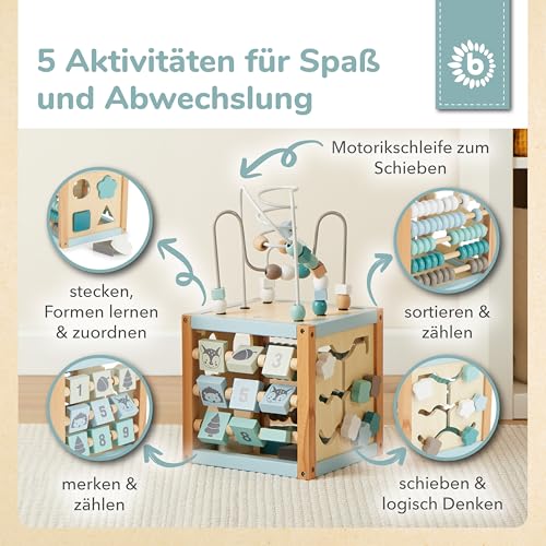 Bieco Motorikwürfel Scandi-Chic nachhaltiges Holz FSC® | Motorikspielzeug ab 1 Jahr | Activity Center Baby Spielzeug 1 Jahr | Motorikwürfel Holz | holzspielzeug ab 1 Jahr motorikschleife ab