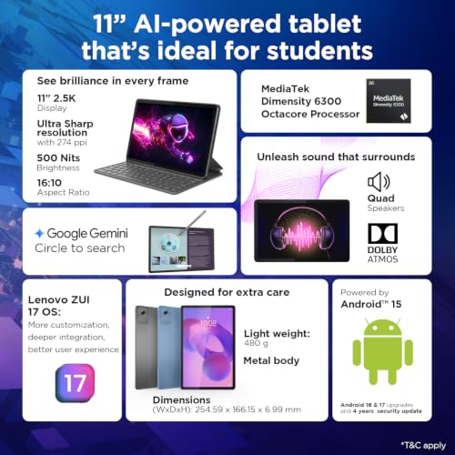 Image of Lenovo Idea Tab Smartchoice |11-inch 2.5K Clear Display, 90Hz Refresh Rate, 8GB RAM, 256GB ROM| MediaTek Dimensity 6300| 7040mAh Battery|4 Speakers| USB-C |Wi-Fi |AI-Enabled, Dolby Atmos, Luna Grey
