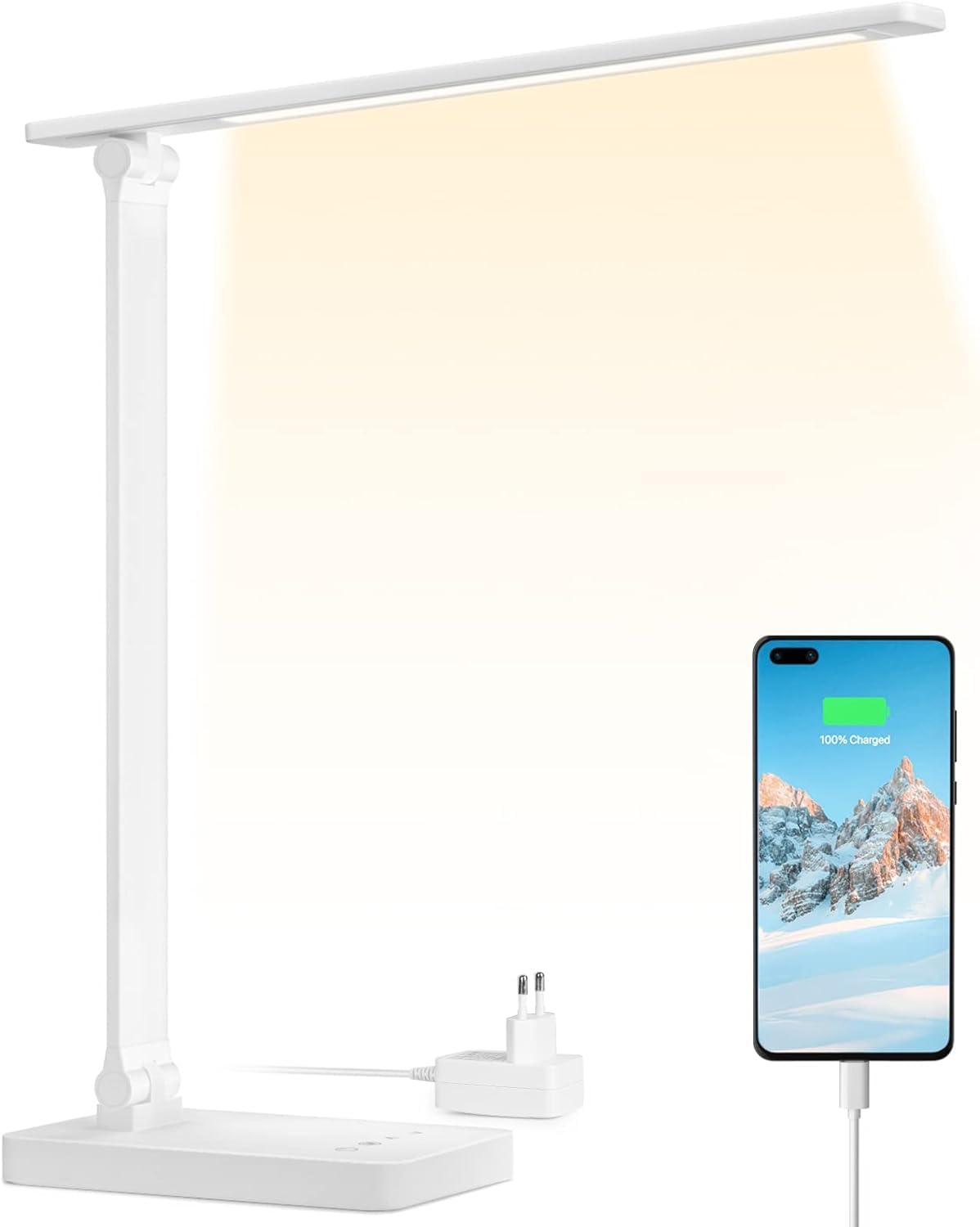 Lepro Lámpara Escritorio LED, Flexo LED Escritorio 15W, Lámpara de Mesa Puerto Carga USB, 655LM 3 Color y 5 Nivel de Brillo Regulable, Luz Mesa Cuidado de Ojos para Cama, Oficina, Estudiar, Blanco