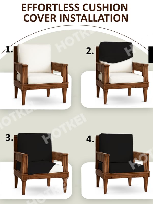 Image of HOTKEI Black (Pack of 2) 200 GSM Fabric Wooden Sofa Seat Cover Elastic Stretchable Cushion Seat Slip Cover Protector for Wooden Sofa Set 1 Seater Antislip Full Covers for Living Room