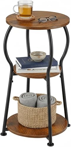Mesa auxiliar redonda pequeña para espacios pequeños, mesita de noche redonda de 3 niveles de madera, mesas redondas de esquina para sala de estar,