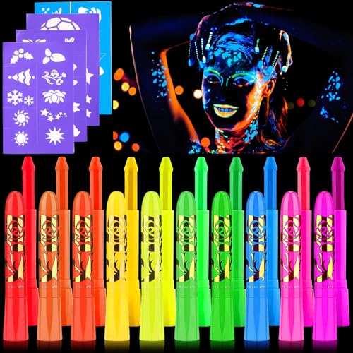 UZSUZZ Fluorescente De Color De La Cara, 10 Colores Ceras Pintura De Cara De Neón Brillante UV, Lavable No Tóxico Neon Pintura Facial y Corporal, Para Halloween, Mardi Gras, Fiesta De Disfraces