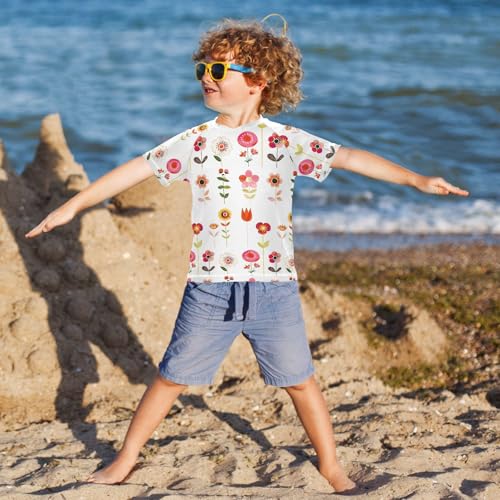 ALAZA Kids Rash Guard Girls Toddler Swim Shirts Short Sleeve Stick Figure Flowers UPF 50+ 3T4
