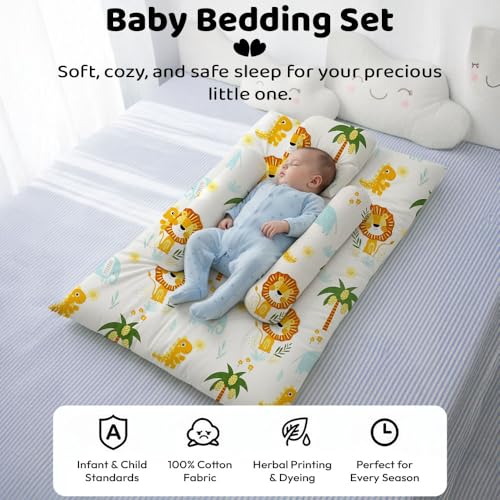 Image of StarAndDaisy Newborn Baby Bedding Nest 100% Cotton Cushioned Mattress Sheet with 2 Side Bolster Pillows & 1 Head Pillow Breathable & Soft Boys & Girl Design Safari Print