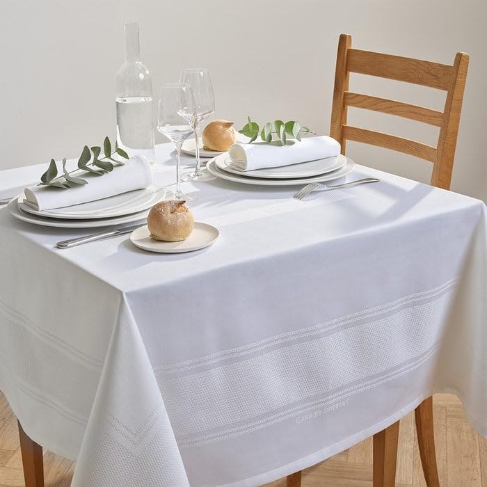 Garnier-Thiebaut 61"x89" Signature Blanc French Jacquard Tablecloth GS Stain Resistant Cotton
