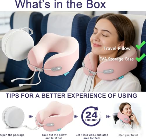 Image of Travel Pillow with Cool Material,Neck Pillow for Traveling 100% Pure Memory Foam,Travel Neck Pillow with Hard Case, Airplane Pillow for Traveling,Travel Essentials (Pink)