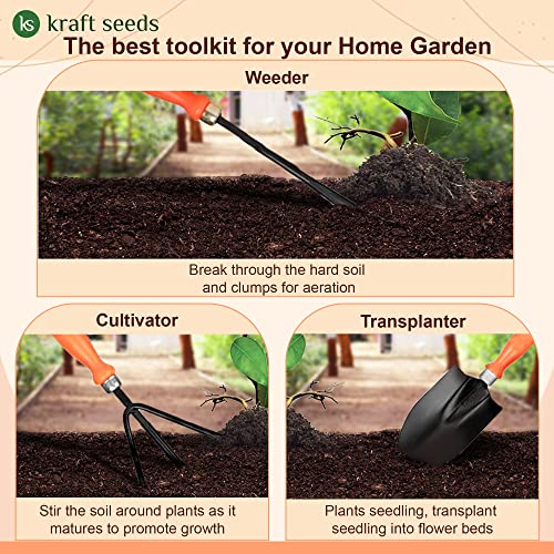 Kraft Seeds by 10CLUB Garden Tool Set - 3 Pcs (Big Shovel, Cultivator, Weeder) | Terrace Gardening Accessories | Gardening Tools Kit for Home Gardening | Essential Farming Spade, Trowel, Tiller
