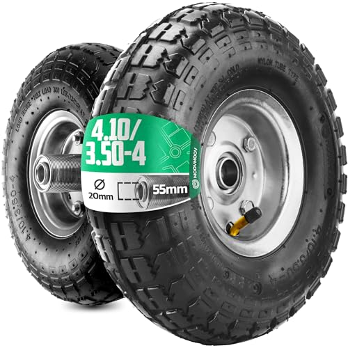 Rueda inflable 4.10/3.50-4 (x2) Cubo transportado 55 mm y orificio de 20 mm para demonios, carro, carretilla, etc. Rueda completa: neumático + cámara de aire con válvula acodada + llanta de acero