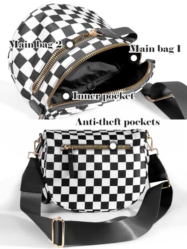 Image of Black and White Checkered Crossbody Bag Bum Bag for Women,Spacious Checkered Purse Fanny Packs Belt Bag