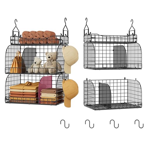 SWTYMIKI Hanging Closet Organizer Storage - 3 Tier Metal Stackable Hanging Closet Shelves with Dividers and S Hooks, Foldable Clothes Shelves for Clothes, Pants, Shoes, Coat, Hats Clutches Accessories
