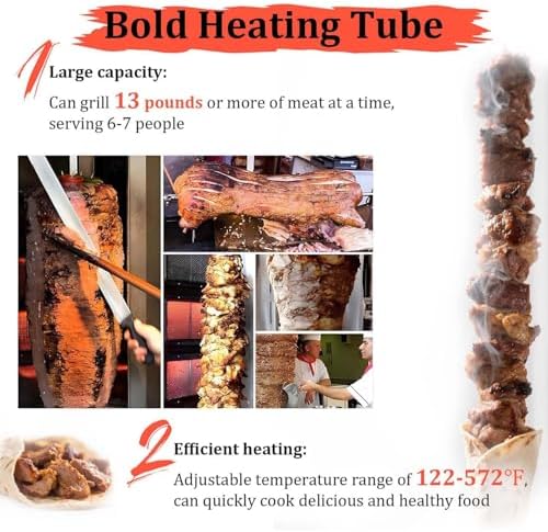 Professional Vertical Shawarma Machine - 2-Burner Doner Kebab Grill with 360° Rotation, Adjustable 122-572°F, Stainless Steel, Ideal for Home & Kitchen Parties (Gas 2800P)