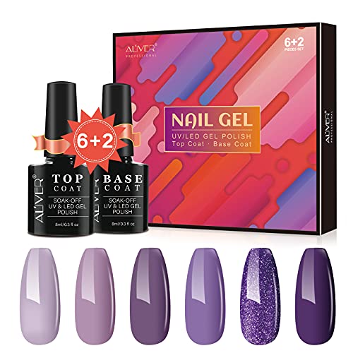 Kit de esmalte de uñas de gel, 6+2 piezas de esmalte de uñas con capa superior brillante y capa base, esmalte de uñas morado UV Led Gel Polaco, salón de uñas para mujer Navidad Cover